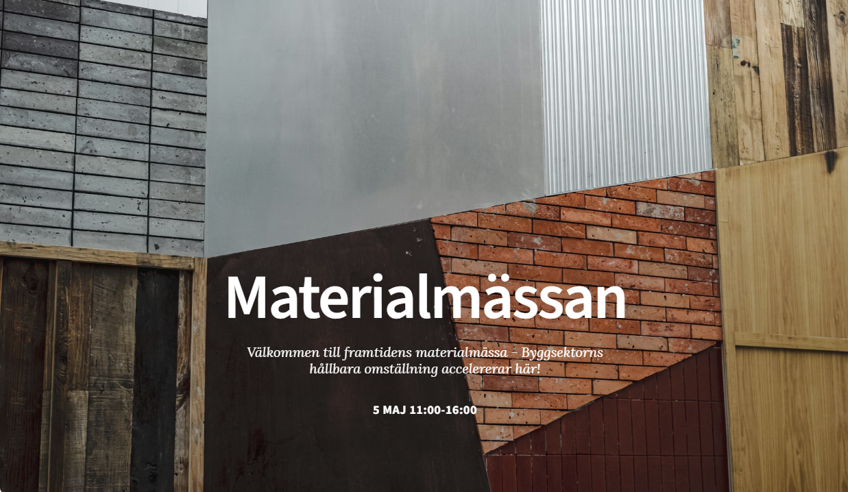 Ett collage med maerial som plåt, trä, telgel och betong. Text: Materialmässan
