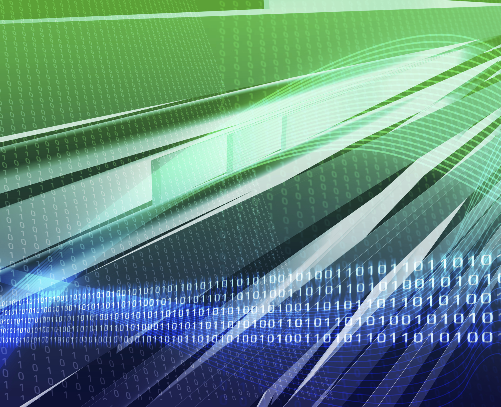 Illustration med ettor och nollor som flödar i olika färgade fält.