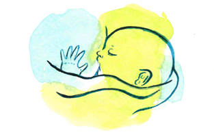 Illustration. Ett barn ammar. 