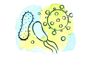 Illustration av virus i grön och blå vattenfärg.
