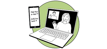 Tecknade exempel för hur samtal med bild och text kan se ut, så kallad alternativ telefoni.