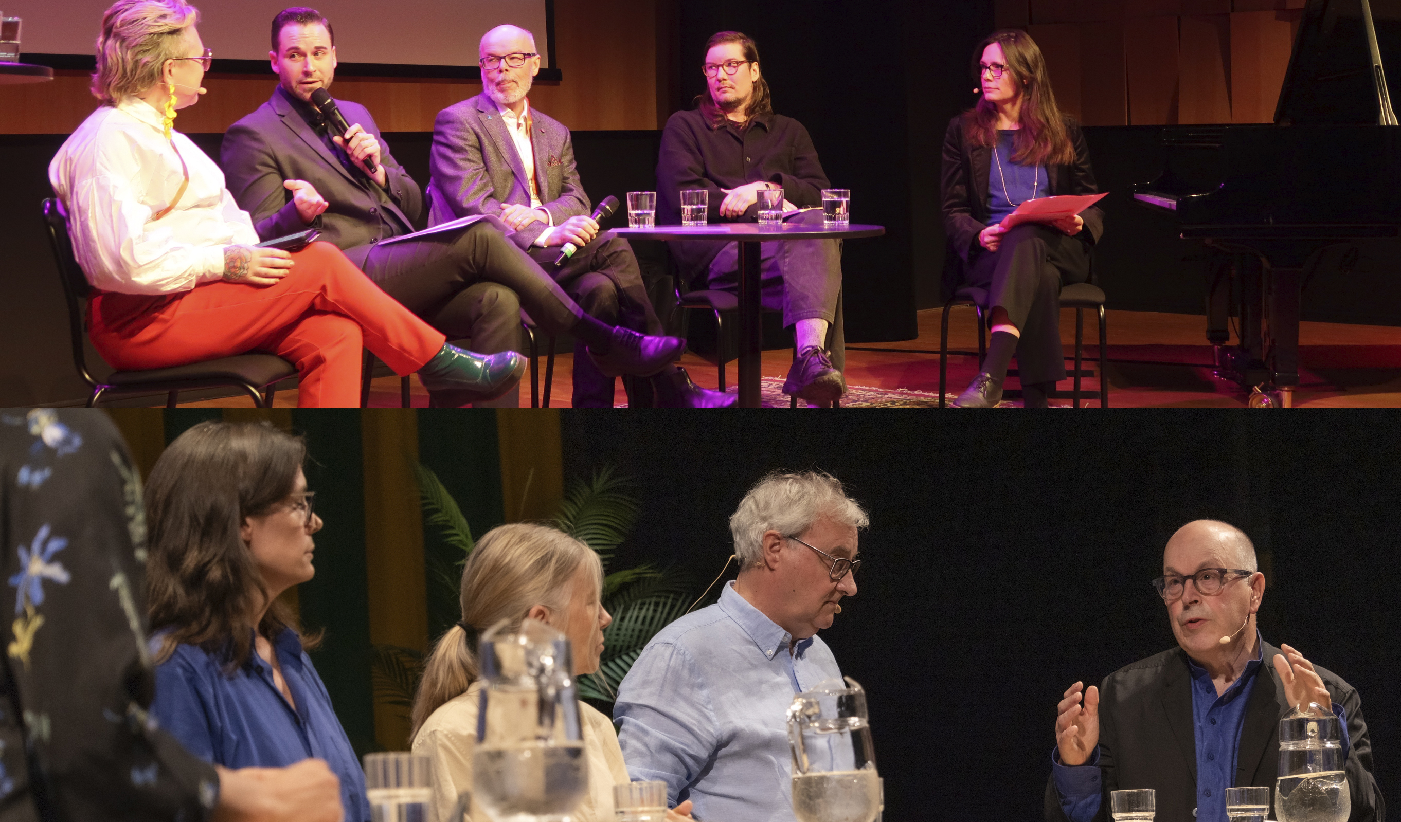 Bildkollage med två olika paneler, samtal på scen